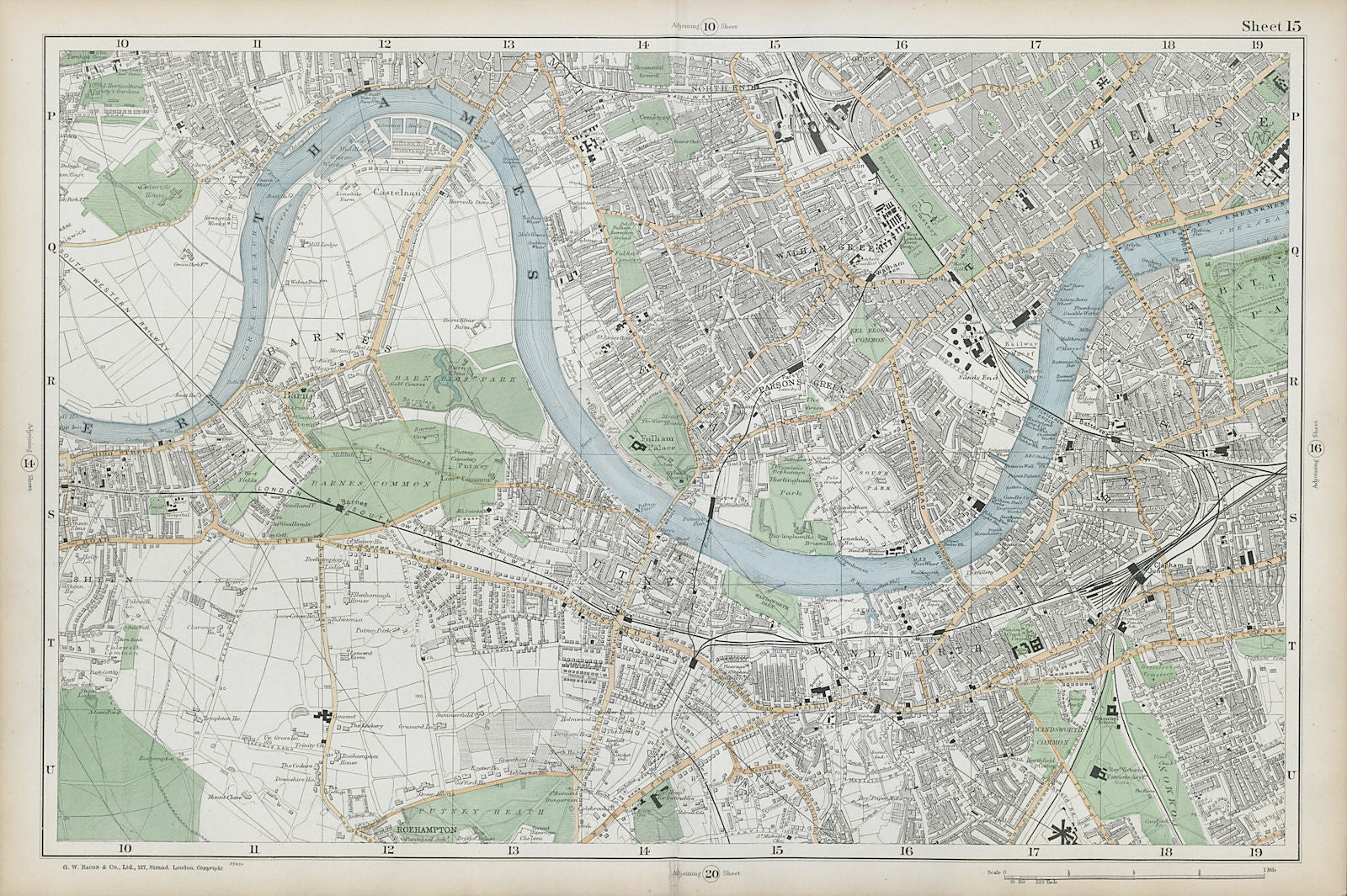 LONDON Chiswick Barnes Fulham Chelsea Putney Wandsworth Clapham. BACON  1906 map